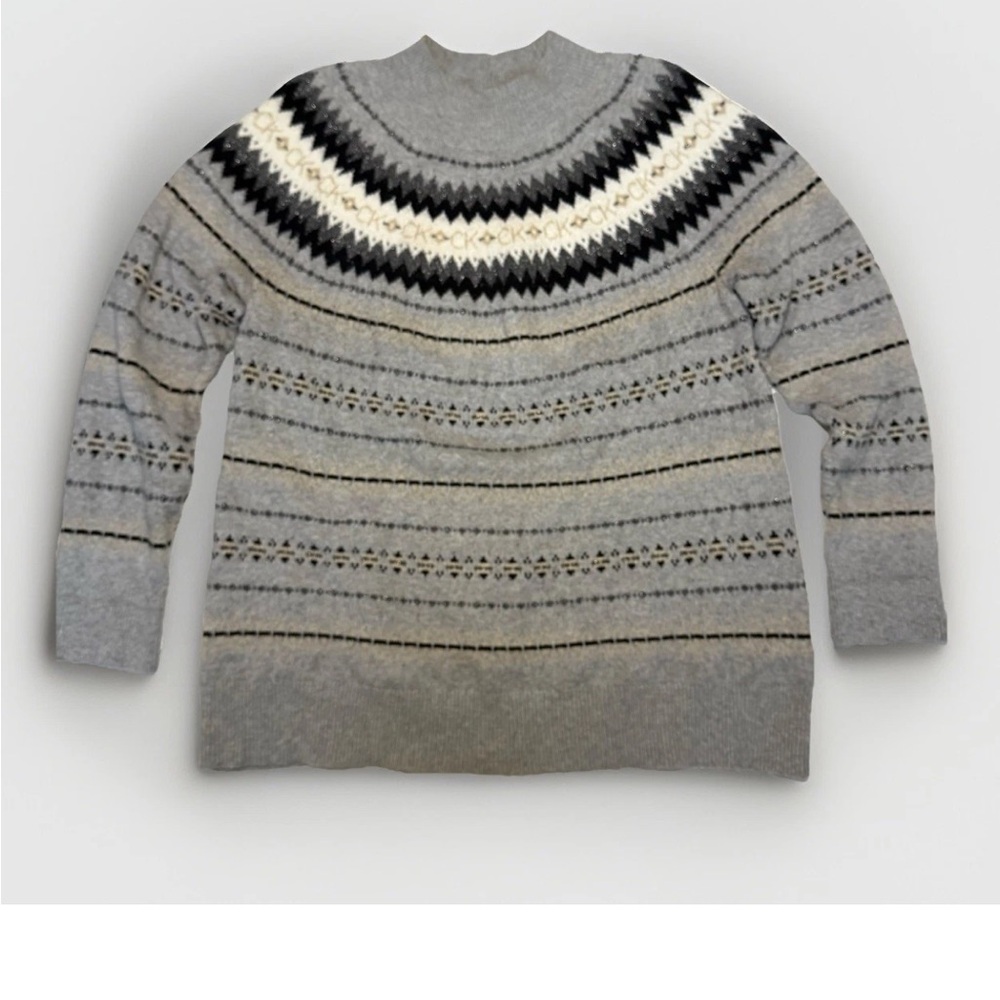 Calvin Klein Mock Neck Fair Isle Sweater Light Gray‎ Women's Size Large